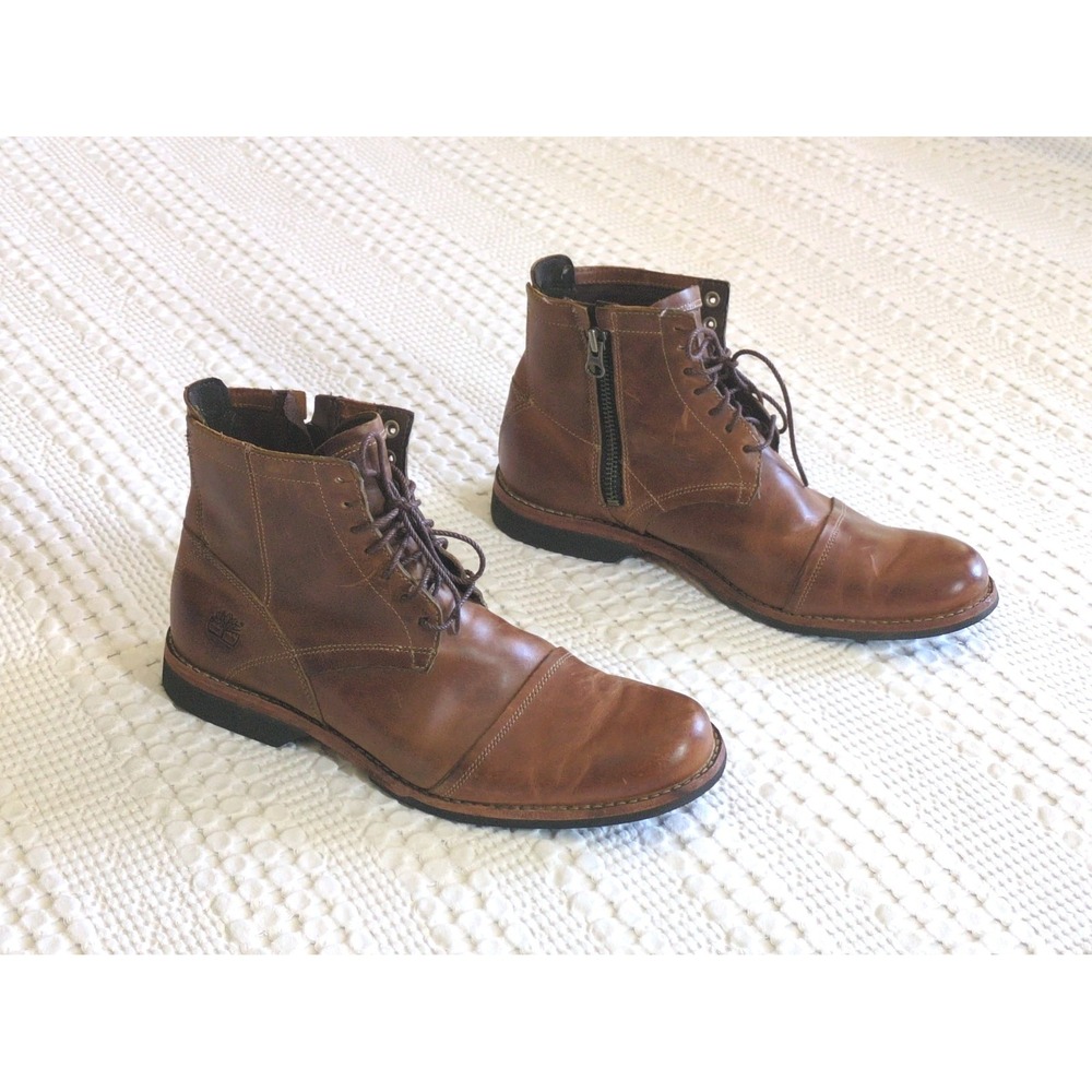 Timberland Earthkeepers Leather Ankle Boots Cap Toe Zip Lace-up Brown Sz 9 Men's